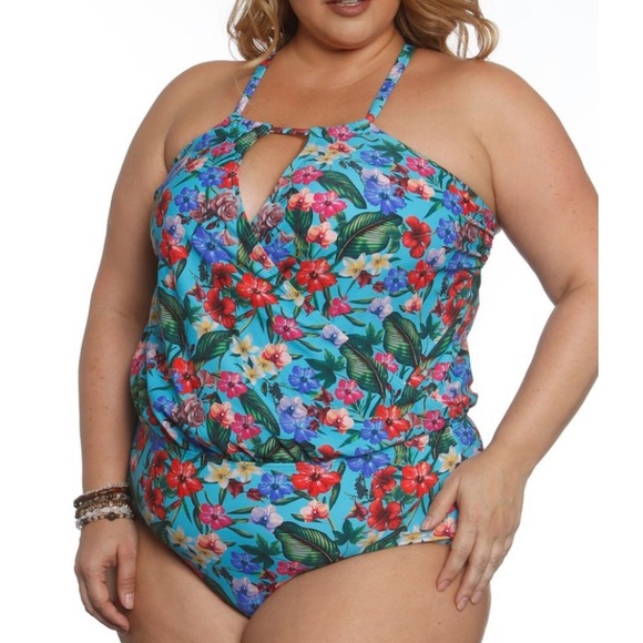 Sun and Sea Other - Blue Floral Tiki Time Keyhole Surplice One-Piece Women’s Size 18W